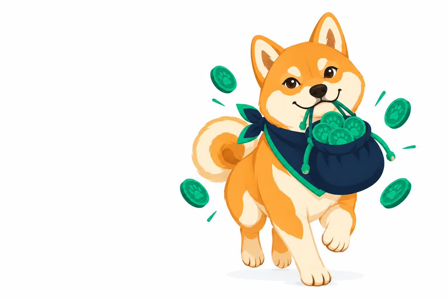 CB-Dogs mascot, a Shiba Inu holding an emerald paw-print coin
